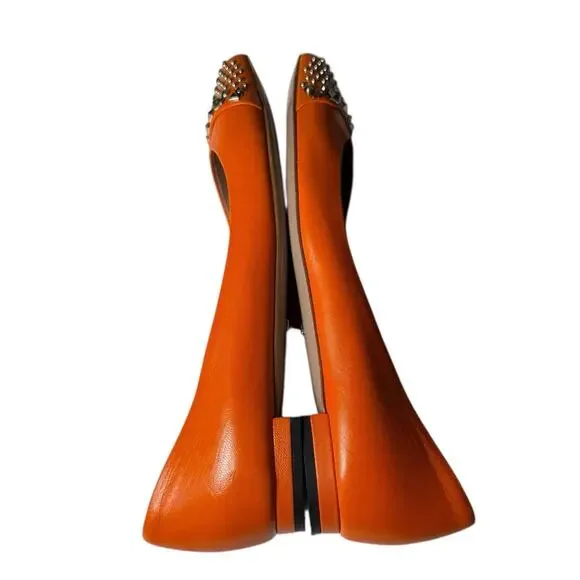 Gucci Pointed Toe Orange Leather Flats Silver Stud Toe Cap Slip On EU 37 US 7 - Picture 10 of 14